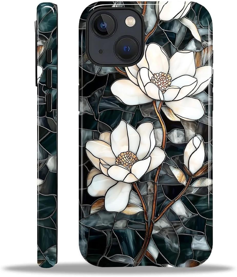 Magnetic Case for iPhone 13 iPhone 14,Compatible with Magsafe,PC Hard Shell & Silicone Inner Bumper,Shockproof Full-Body Cover Case - Stained Glass Unique Magnolia