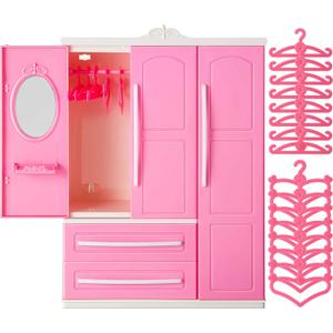 Doll Closet Furniture Wardrobe Clothing Organizer Doll Open Wardrobe Dollhouse Closet with 20 Pieces Hangers 2 Style Pink Plastic Hangers Dollhouse Furniture Accessories (Classic Style)