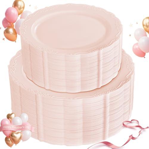 U-QE 50PCS Mauve Pink Plastic Plates - Plastic Party Plates Disposable Heavy Duty - Pink Disposable Plates for Party Including 25PCS 10'' Dinner & 25PCS 7.5'' Dessert
