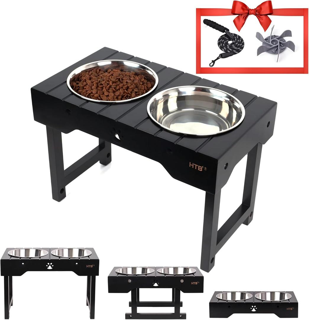 HTB Elevated Dog Bowls with Slow Feeder & pet Leash,Raised Dog Bowl Stand Adjusts to 3.1,8.1,11.8 (Black)