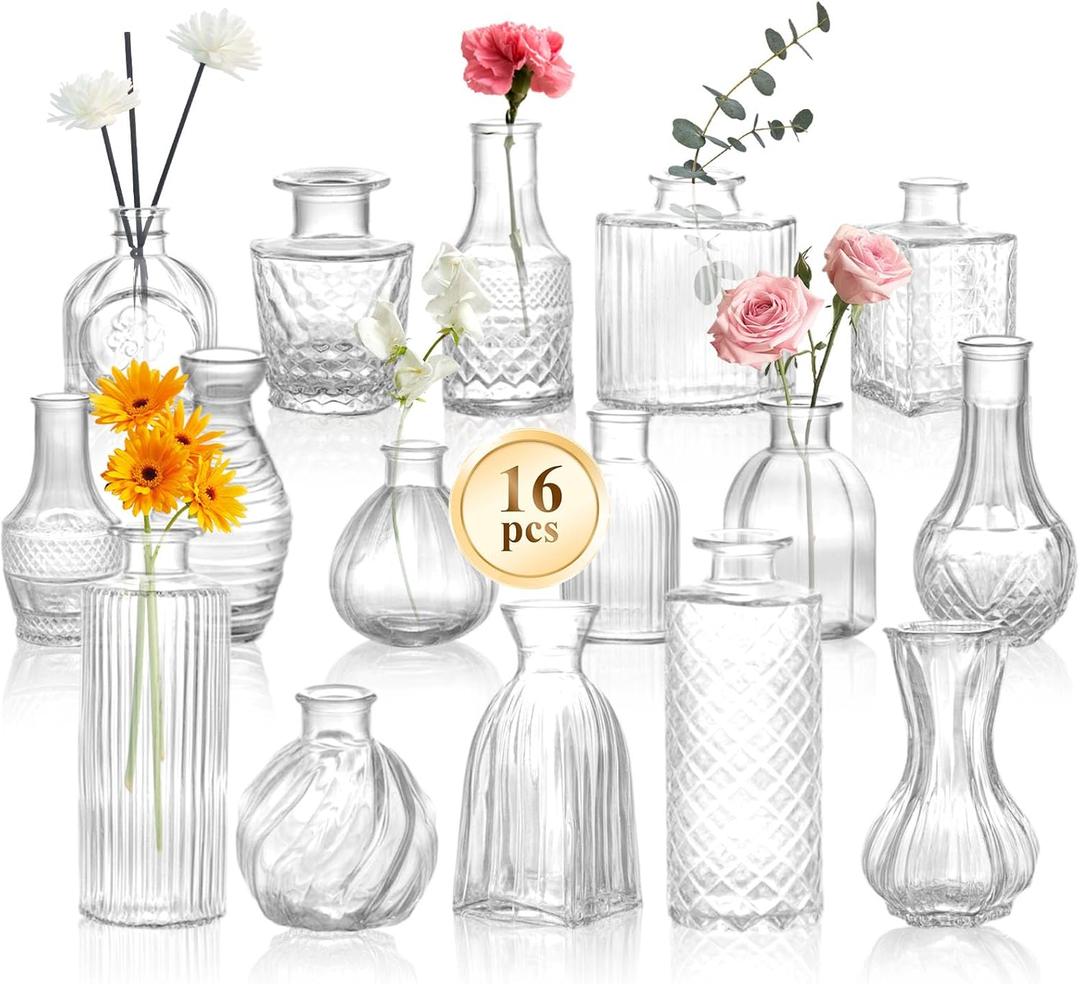 DomeStar 16PCS Glass Bud Vases Set, Small Clear Cylinder Vases for Plant Propagation Station Plant Terrarium, Vintage Clear Bud Vase in Bulk for Rustic Wedding Centerpieces Home Table Flower Decor