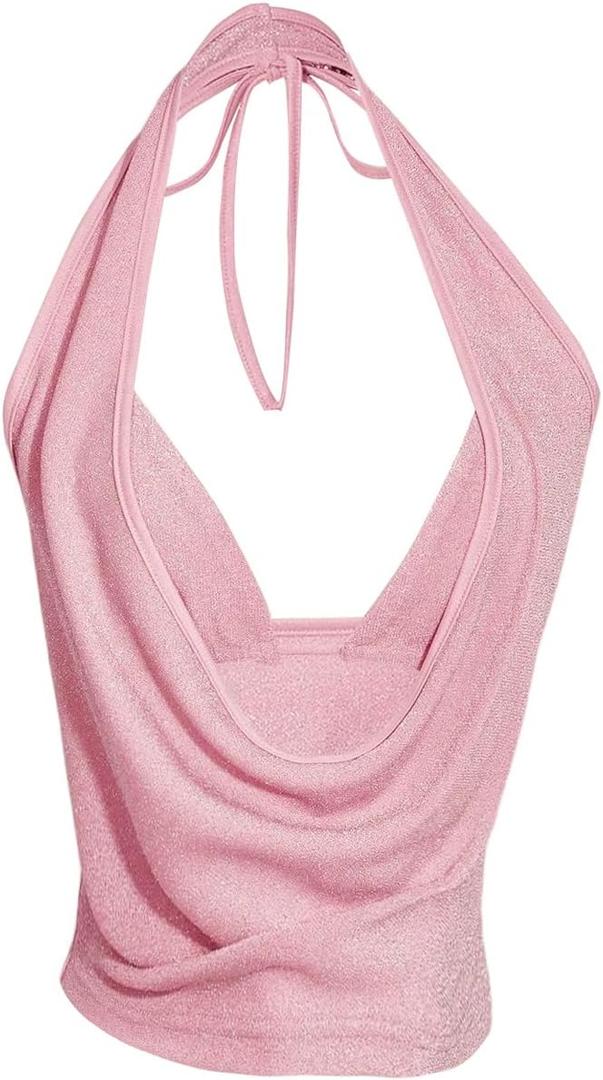SweatyRocks Women's Sexy Y2k Glitter Halter Crop Tops Low Cut Going Out Top with Rave Micro Crop 2 Piece Outfits (Pink, XS)
