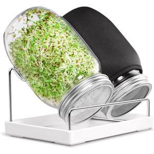 Seed Sprouting Jar Kit - 2 Wide Mouth Mason Jars with 316 Stainless Steel Sprouting Lids Covers, Drip Tray and Stand for Growing Broccoli Alfalfa Beans Sprout (Two Jars)