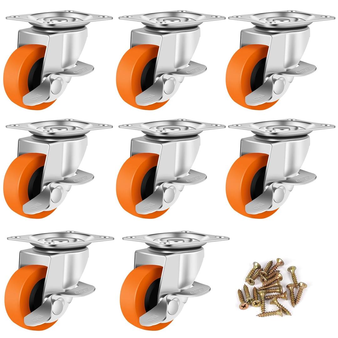 Caster Wheels, 3 Inch Casters Set of 8, Heavy Duty Caster with Brake, Locking Castors with Polyurethane WheelPlate Swivel Castor Wheels for Furniture Carts, Workbench Castors, Pack of 8