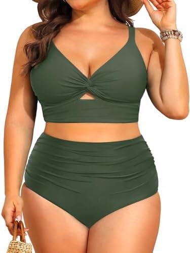 Daci Plus Size Two Piece Swimsuits - Women High Waisted Bikini Tummy Control Bathing Suits Knot Twist Swimwear 2025, Royal Army Green, 16 Plus