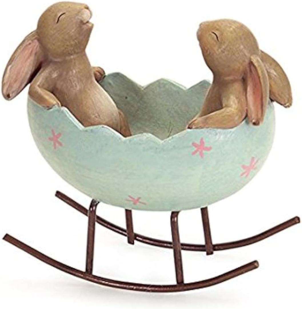 KiaoTime Laughing Bunny Rabbits Rocking in an Easter Egg Cradle Spring Easter Decoration Vintage Rustic Country Bunnies Rabbit Figurine Statue (Bunnies in a Cradle)