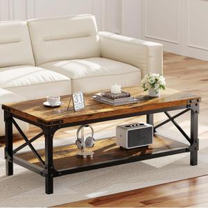 Rectangle Coffee Tables for Living Room, Wood Rectangular Coffee Table, 2 Tier Industrial Modern Center Table with Thickened Tabletop and Metal Frame, 47 inch Long (Rustic Brown)
