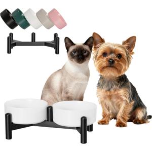 Raised Ceramic Dog Bowl Set - Elevated Double Dishes with Stainless Steel Stand - Food and Water Bowls for Small Dogs and Indoor Cats - Each Holds 1.6 Cups (10.8 fl oz) - White