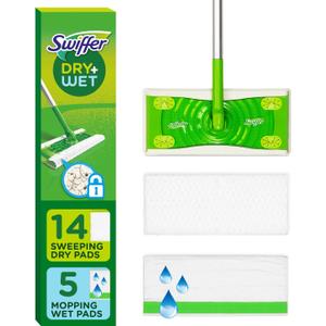 Swiffer Sweeper 2-in-1 Dry + Wet Floor Mopping and Sweeping Kit, Multi-Surface Kit for Floor Cleaning, Kit Includes 1 Sweeper, 14 Dry Sweeping Cloths, 5 Wet Mopping Cloths (1 Kit)