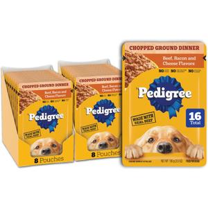 Pedigree Chopped Ground Dinner Adult Soft Wet Dog Food 16-Count Beef, Bacon and Cheese Flavors, 3.5 oz Pouches BB 12/2026