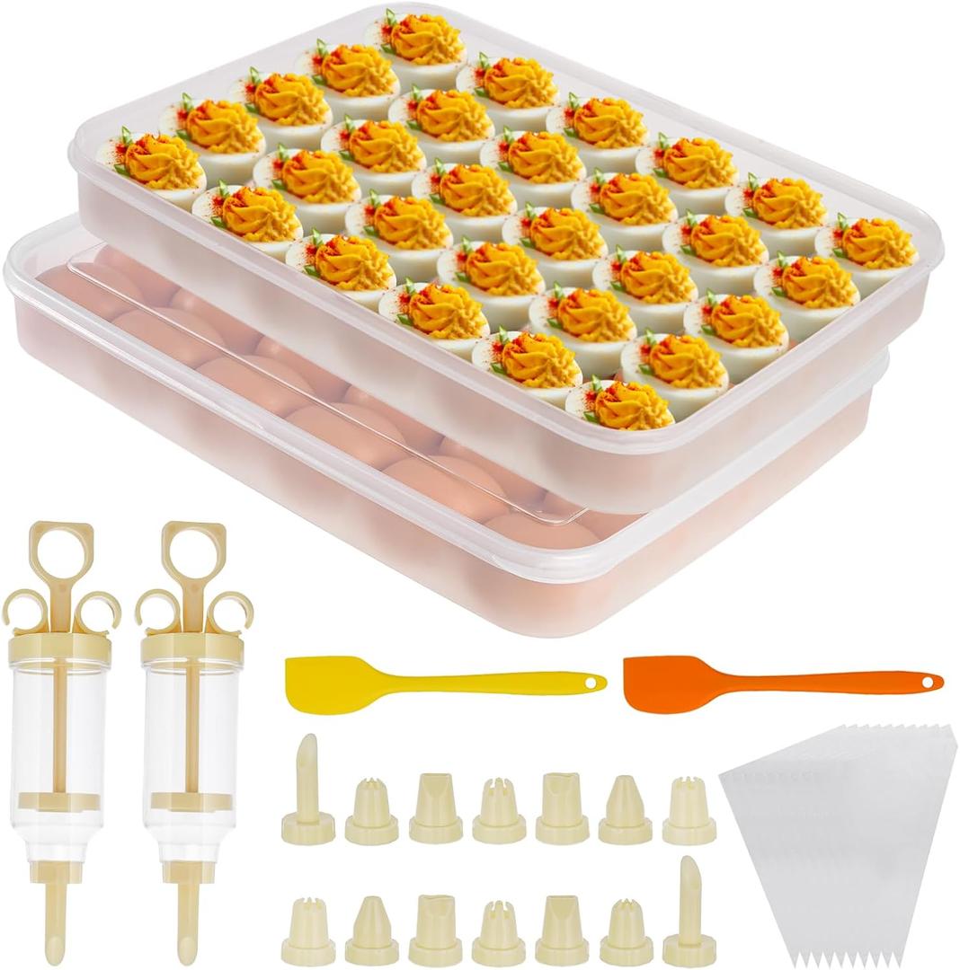 FACULX 3 Pack Deviled Egg Containers with Lid and 8 Pcs Deviled Egg Injector Piping Tool, Egg Organizer for Refrigerator, Fridge Stackable Countertop Portable Egg Platter (transparent-2 packs)