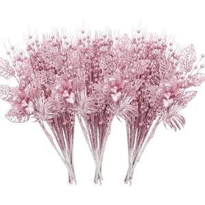 ROSELEAF 28 Pack Christmas Tree Picks and Sprays, Pink Christmas Ornaments Artificial Glitter Berry Flowers Stem Branches Ornaments for Christmas Tree Gift Small Vase Home Holiday Wedding Party