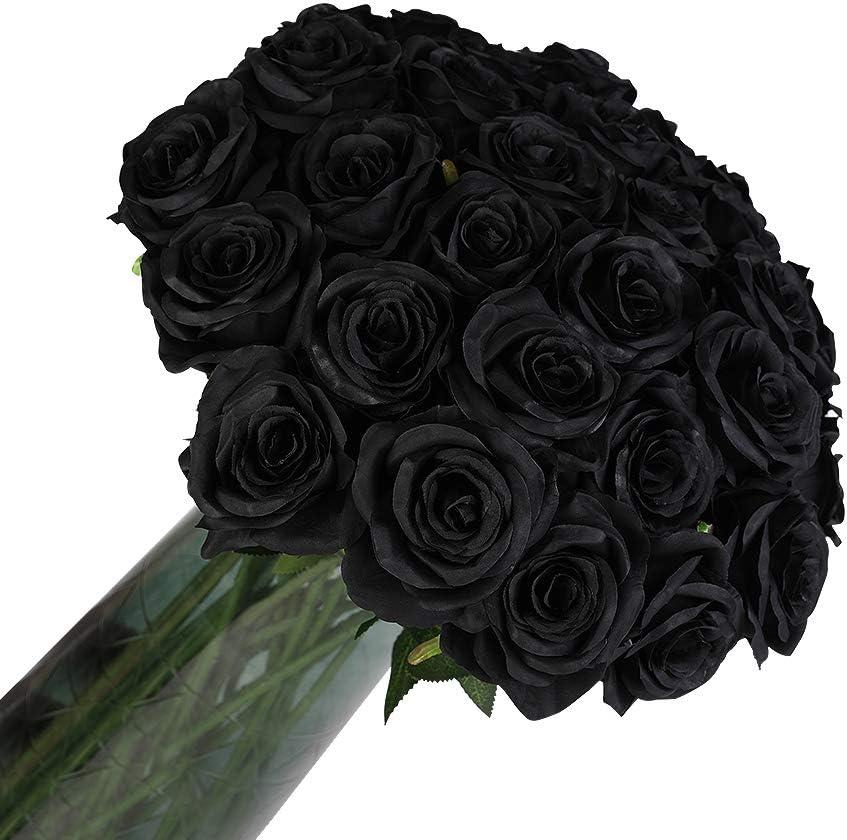 Laelfe 12 PCS Artificial Flowers Black Roses, Fake Silk Flower Long Stem Artificial Rose for Halloween Home Wedding Party Decorations(Black)
