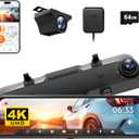 WOLFBOX G850 12" 4K Rear View Mirror Camera with 5.8GHz WiFi and Voice Control, Smart Mirror Dash Cam Front and Rear, Backup Camera with 1080P Rear Camera, Dash Cam with WDR, Includes 64GB Card & GPS