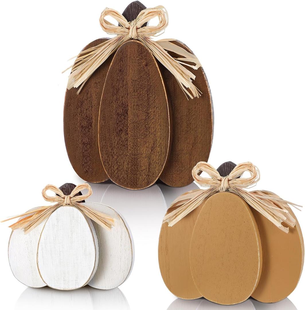 Ferraycle 3 Pcs Fall Pumpkin Decor Fall Wooden Signs 3D Pumpkin Tabletop Decor Farmhouse Sign Rustic Tiered Tray Decorations Block Centerpieces Standing Sign for Home Kitchen Harvest(Neutral Color)