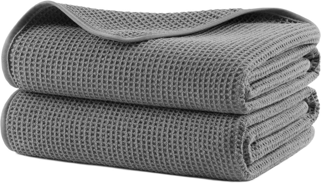 POLYTE 380 GSM Microfiber Oversize Quick Dry Lint Free Waffle Bath Towel For Body, 60 x 30 In, Set Of 2 (Gray)