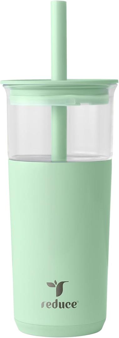 REDUCE Aspen 20 oz Vacuum Insulated Glass Tumbler with Lid & Extra Wide Straw - Keeps Drinks Cold for 12 Hrs - Ideal for Iced Coffee, Smoothies & Boba - Dishwasher Safe, Soft Base - Matcha
