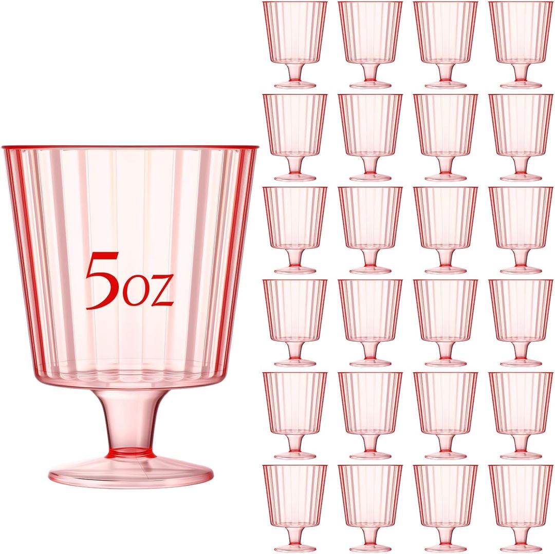 Reallnaive 24 Pcs 24 Pcs 5 oz Plastic Ribbed Goblet Wine Glasses with Stem, Reusable Retro Cups for Wine Bar Juice Baby Shower Wedding Reception Grand Event Party (Pink)