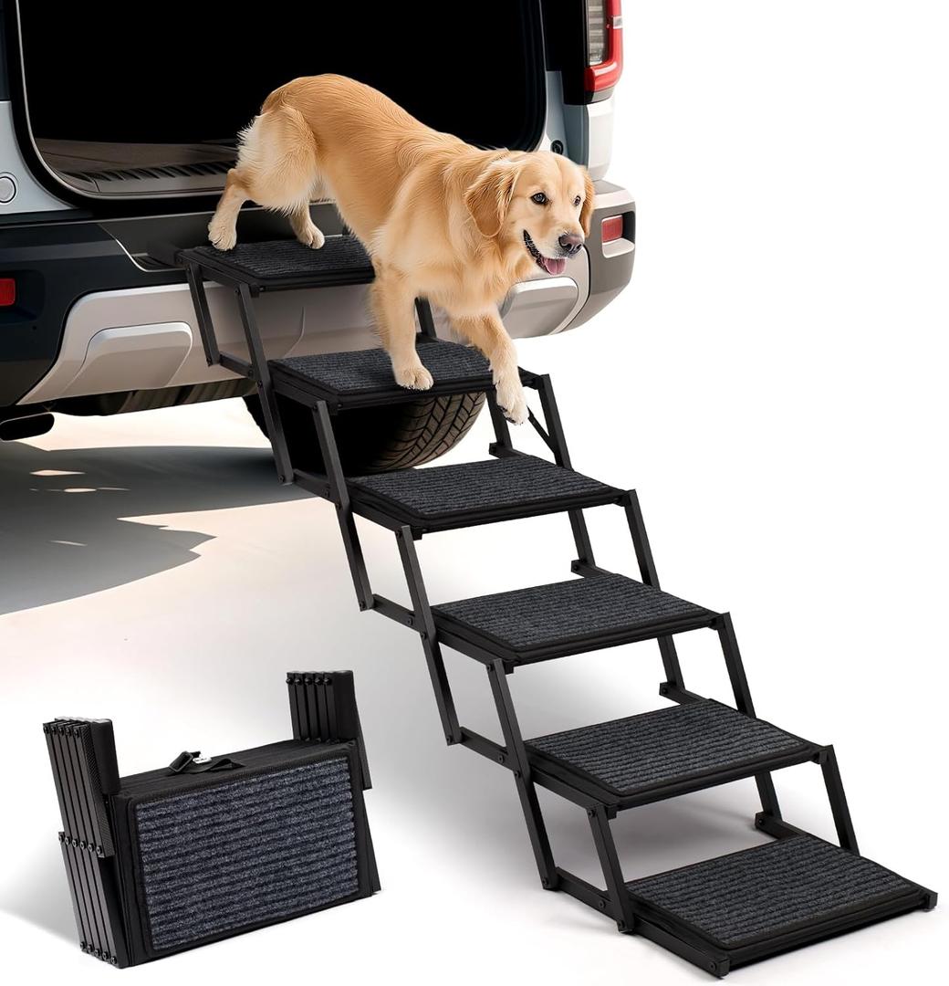 Dog Steps for Car, Truck and SUV - Foldable Pet Stairs for Large Dogs with Non-Slip Rug Surface, Lightweight Dog Ramp Holds Up to 250lbs, 6 Steps
