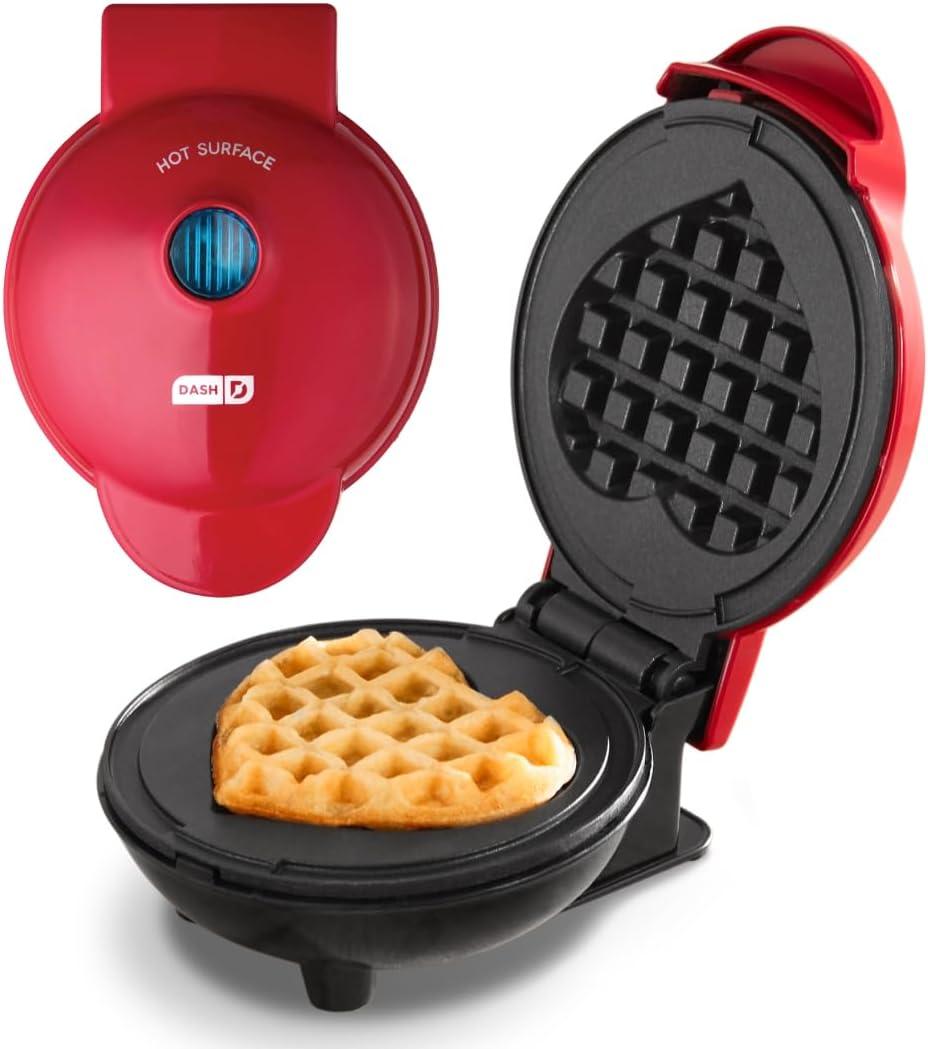 Dash Mini Waffle Maker- Mini Machine for Creative Homemade Treats - Nonstick Iron with Unique Print Design - Stylish Waffle Machine - Red Heart (1 Pack)