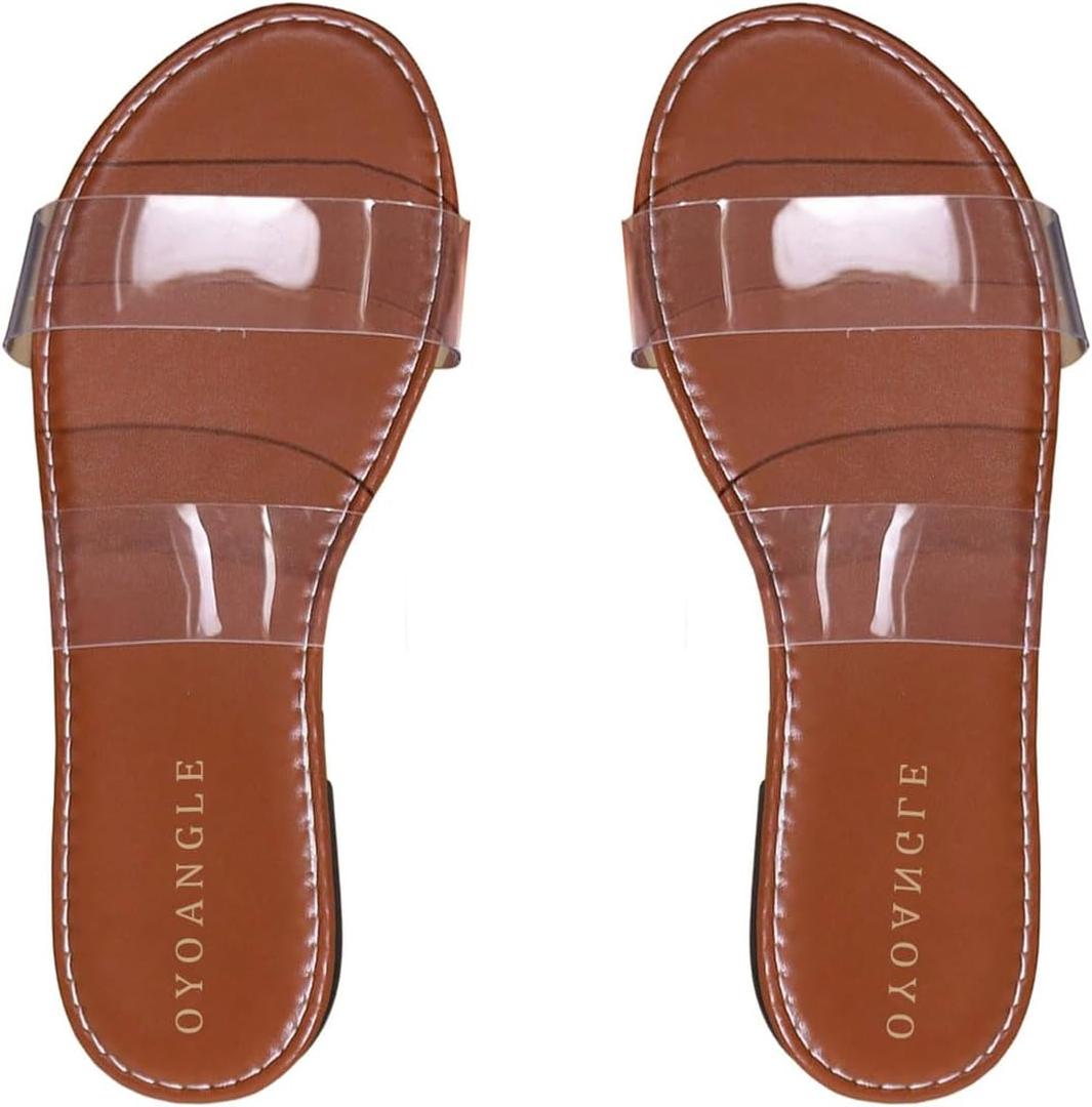 OYOANGLE Women's Clear Strap Flat Sandals Open Toe Double Band Casual Slide Sandals Brown 11