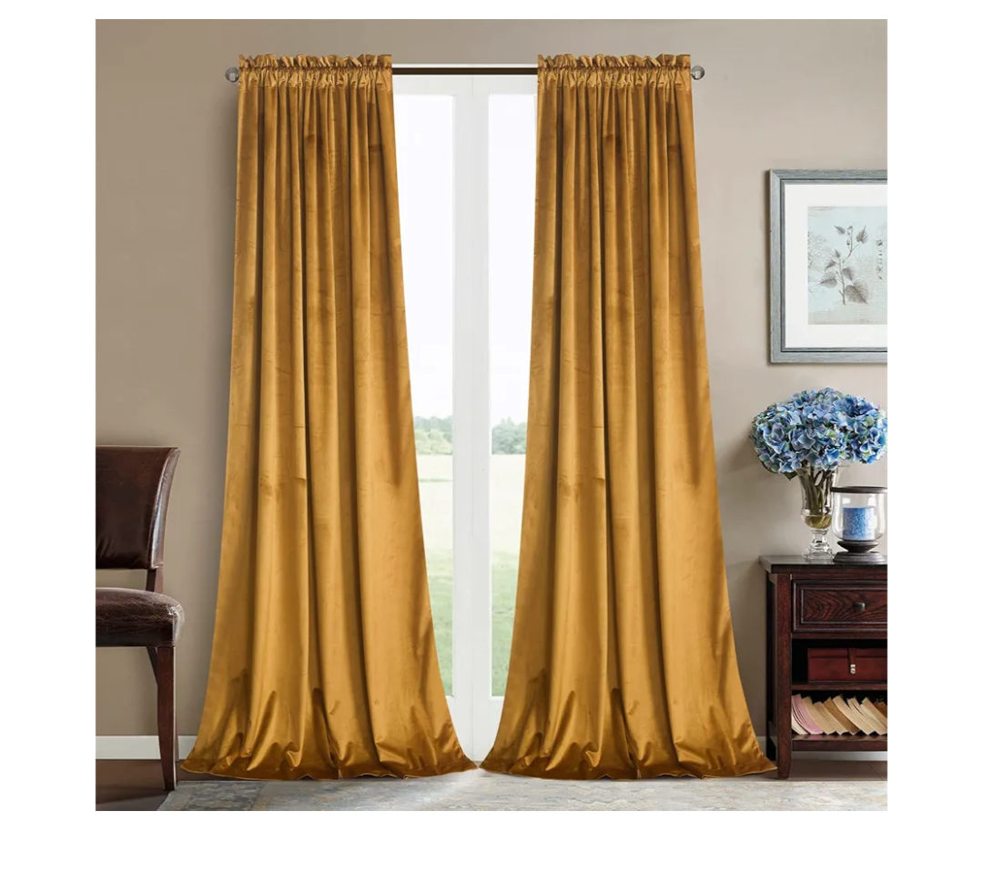 Roslynwood Mustard Velvet Curtains for Bedroom, Blackout Room Darkening Thermal Insulated Window Curtain Drapes for Living Room/Office/Apartment/Bathroom, W52 x L84, 2 Panels/Rod Pocket