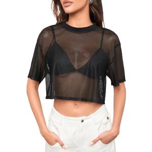 SHENHE Women's Sheer Mesh Top Crew Neck Short Sleeve Loose Fit Crop Tee Shirt Top (Black) S