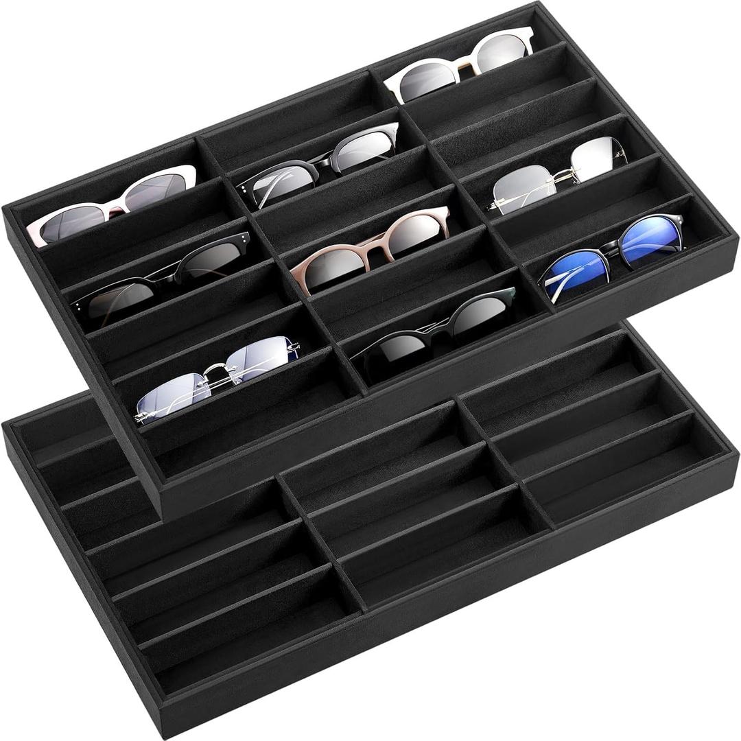 Amylove 2 Pcs Sunglass Organizer Trays Glasses Stackable Jewelry Trays Sunglass Organizer Display Box (18 Grids,Black)