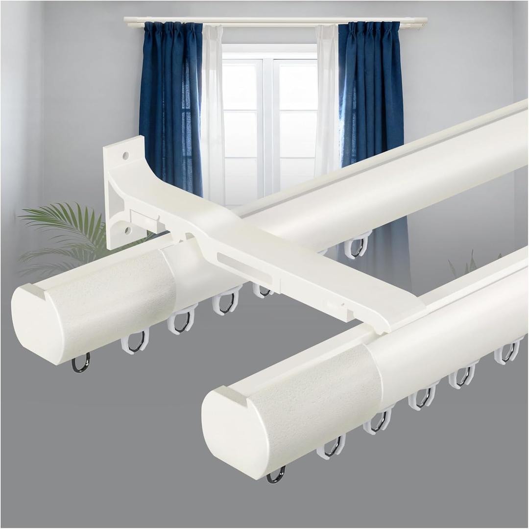Double Curtain Rod Set for Windows, Heavy Duty Dual Track System with Aluminum Brackets, Decorative White Curtain Rail for Room Divider, Bedroom & Living Room Drapes (White, 96")