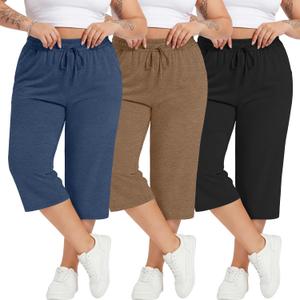 Neer 3 Pack Women's Plus Size Cotton Capris, Stretchy Wide Leg Cropped Pants with Pockets Loose Lounge Pajama Sweatpants (XXL)