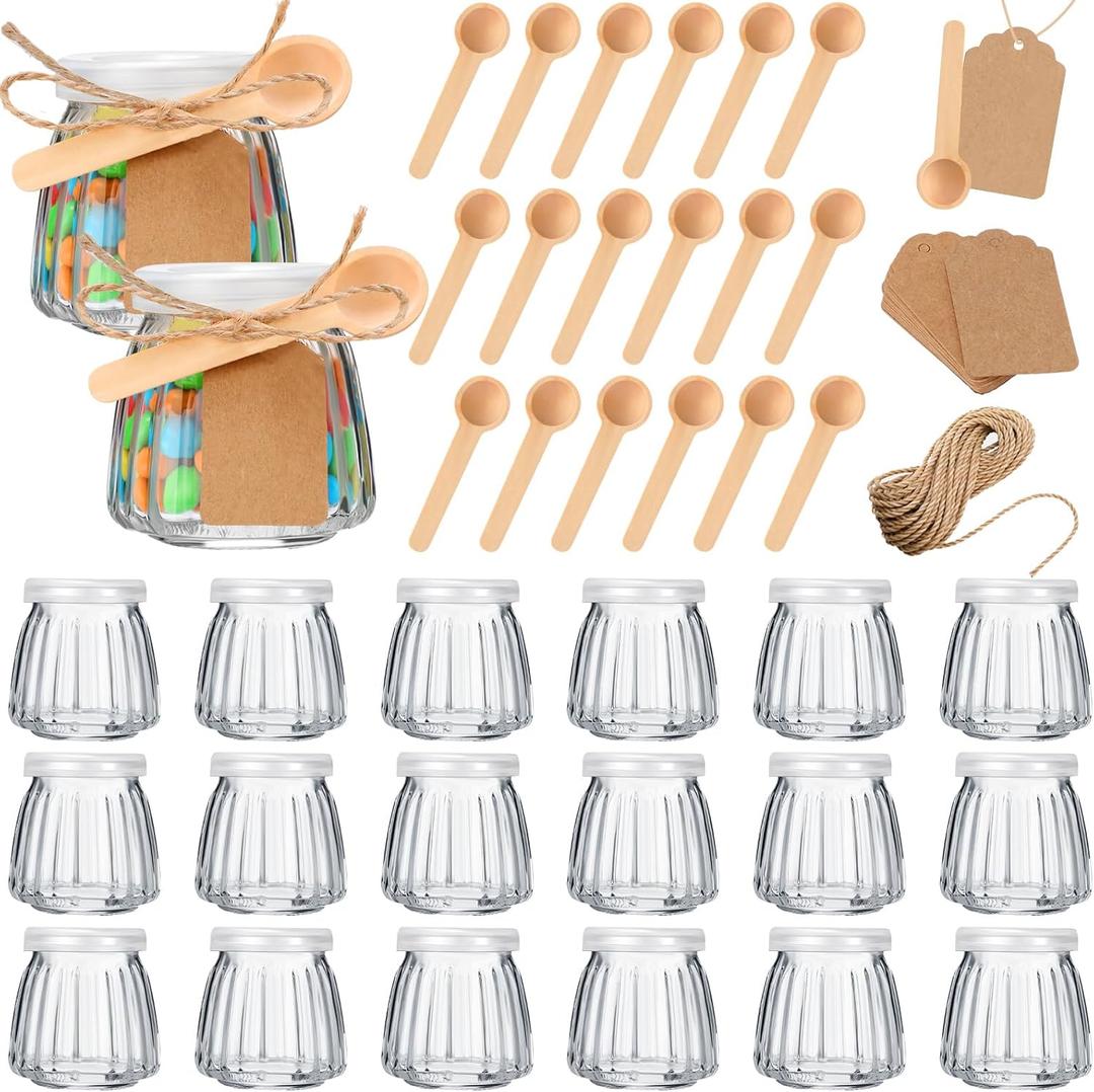 Baderke 20 Pcs Small Glass Jars with Plastic Lids, Spoons, Tags and Rope,3.4 oz Yogurt Pudding Jars Bath Salt Storage Glass Containers for Wedding Party Favor