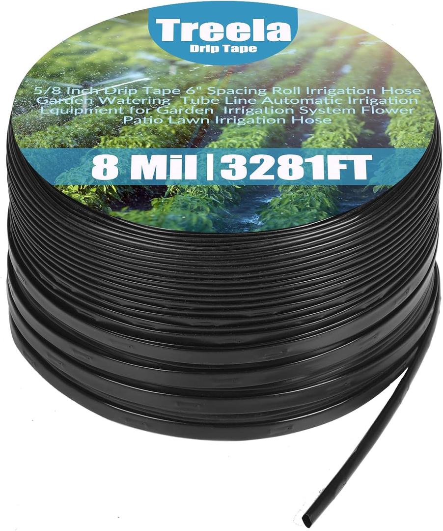 Treela 3281ft 5/8 Inch Drip Tape 6" Spacing Roll 8 Mil Irrigation Hose Garden Watering Tube Line Automatic Equipment for Garden Irrigation System Flower Patio Lawn Hose,8 Mil, 3281ft