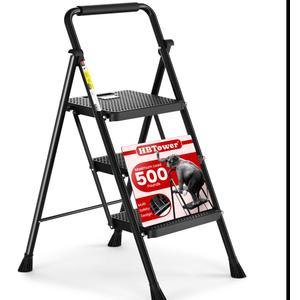 HBTower 3 Step Ladder, Folding Step Stool with Wide Anti-Slip Pedal, 500lbs Sturdy Steel Ladder, Convenient Handgrip, Lightweight, Portable Steel Step Stool, Black