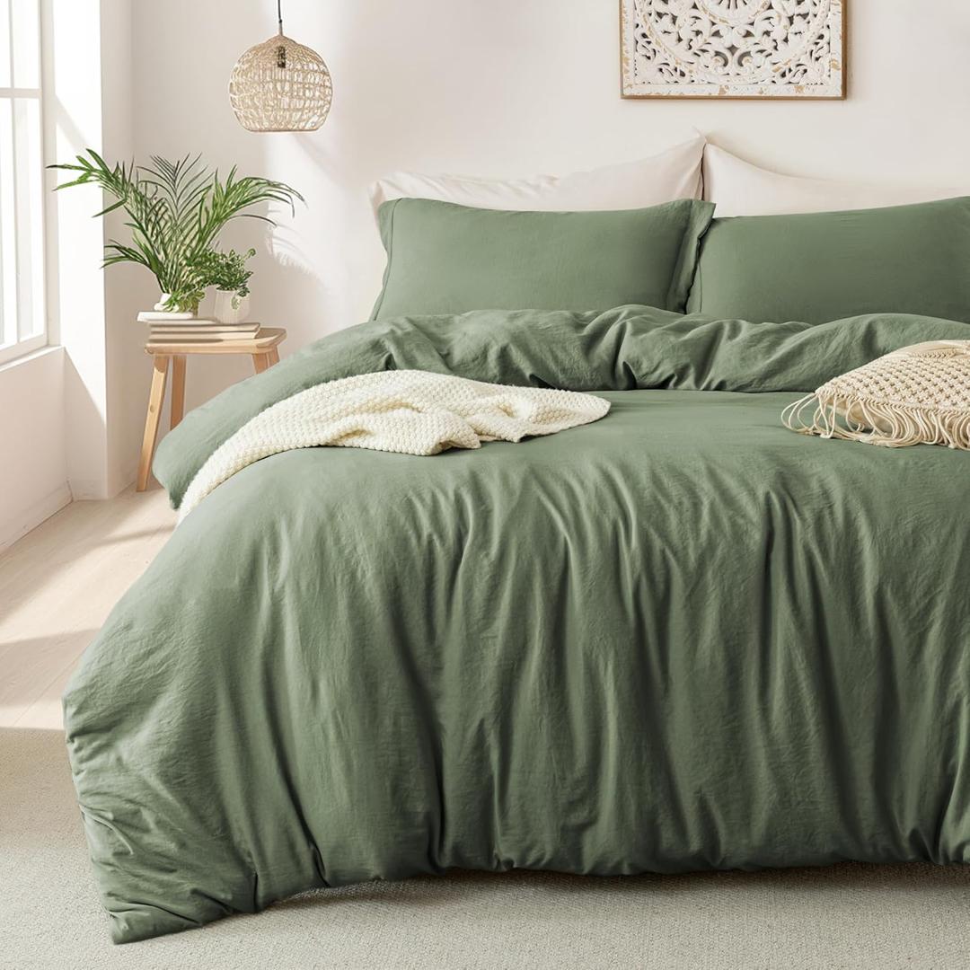 MILDLY Super Soft Duvet Cover - 100% Washed Microfiber Olive Green Comforter Cover Set 3 Pieces with Zipper Closure & Corner Ties (No Comforter) (King (104"x90"))