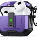 for AirPods 3 Case Cover [Safety Lock] [Magnetic One-Click Open] [Military Shockproof Armor] Double Rugged Outdoor Wireless Charging Case for AirPods 3rd Generation with Keychain, Purple