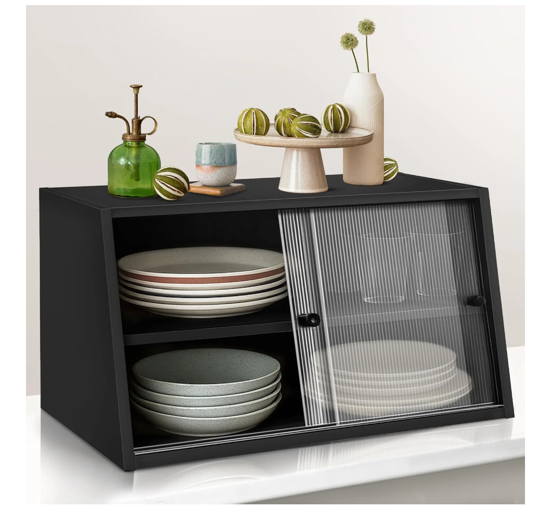 Small Kitchen Pantry Countertop Cabinet, Mini Countertop Cabinet with 2 Sliding Acrylic Doors, 23.6" Small Kitchen Pantry Sideboard, 2 Tier Countertop Storage Cabinet for Dish, Bowl (Black)