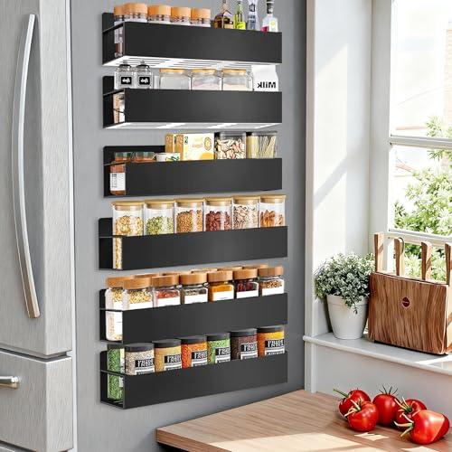 SMRCAD Magnetic Spice Rack Organizer for Fridge Seasoning Organizer for Kitchen storage with Screw Magnetic Shelf with Hook for Refrigerator and Oven (6pack-Black)