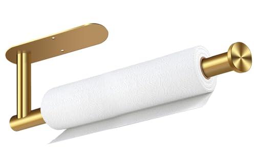 Paper Towel Holder, Self Adhesive or Drilling Paper Towel Holder Under Cabinet, Stainless Steel Gold Paper Towel Holders Wall Mount for Kitchen, Bathroom, Sink, Pantry, Fridge (Gold)