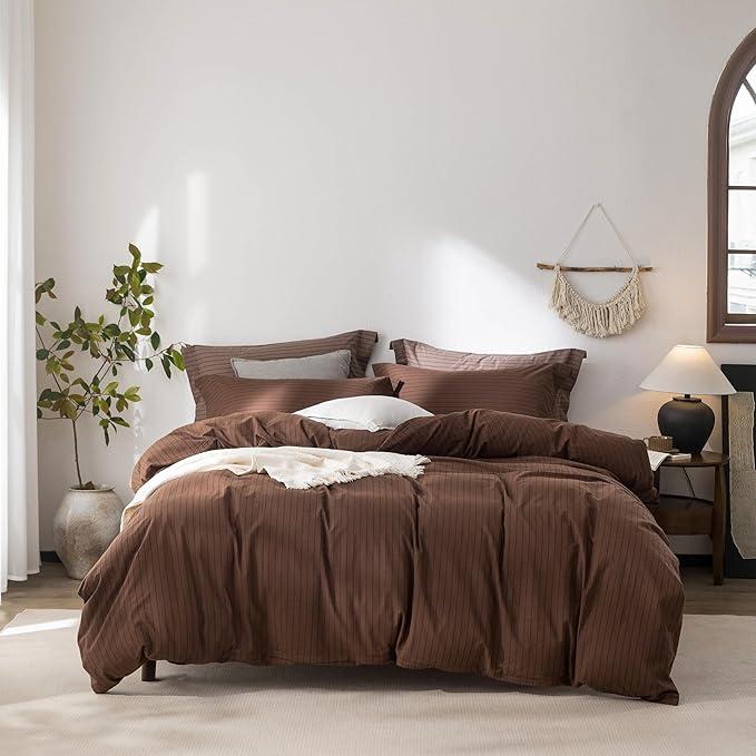 Stripe Duvet Cover Queen Size 90inch x 90inch,100% Washed Cotton Pinstripe Duvet Cover with Zipper Closure and 2 Pillowcases, Color of Cocoa Brown-Black Stripe