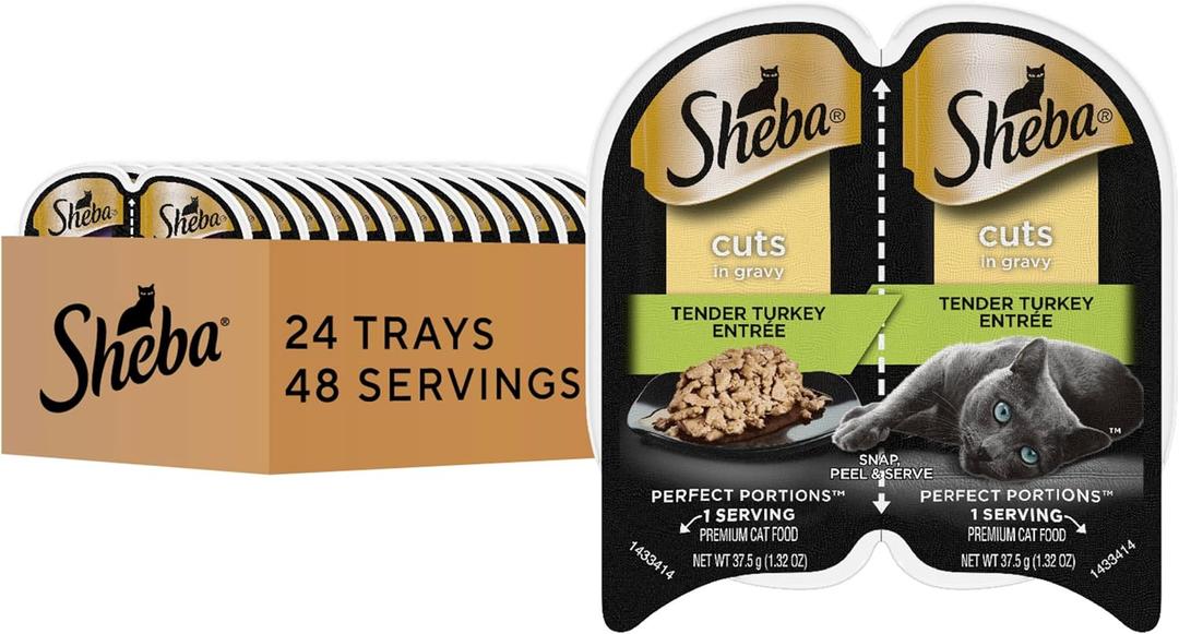 Sheba Perfect Portions Wet Cat Food Cuts in Gravy, Cat Food Wet Recipe, Turkey Entree, 2.6 oz. Twin-Pack Trays (24 Count, 48 Servings) (EXP 06/21/28)