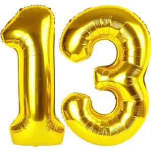 Gold Number 13 Balloon 40 inch, 13 Number Balloons, 13th Gold Birthday Decorations, 13 Year Old Girls Boys Golden Party Supplies