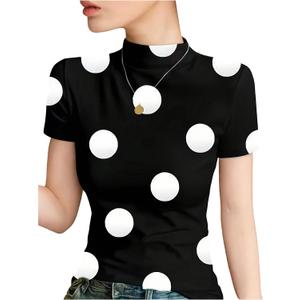 SHENHE Women's Mock Neck Short Sleeve Tee Shirt Polka Dots Slim Fitted Stretch Going Out Top (Black), Size: Small
