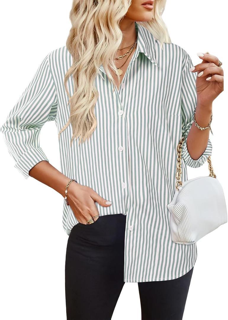 HOTOUCH Womens Striped Button Down Shirts Collared Shirt Casual Long Sleeve Business Office Work Blouses Tops (S)