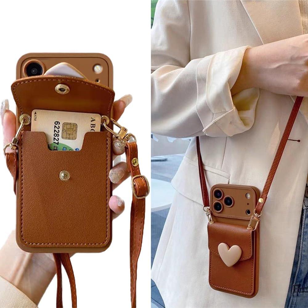 SGVAHY for iPhone 17 Pro Max Case with Strap Card Holder Crossbody Lanyard, Cute Phone Wallet Case for Women Girls, Brown Heart Design Leather Purse Soft Silicone Cover for iPhone 17 Pro Max