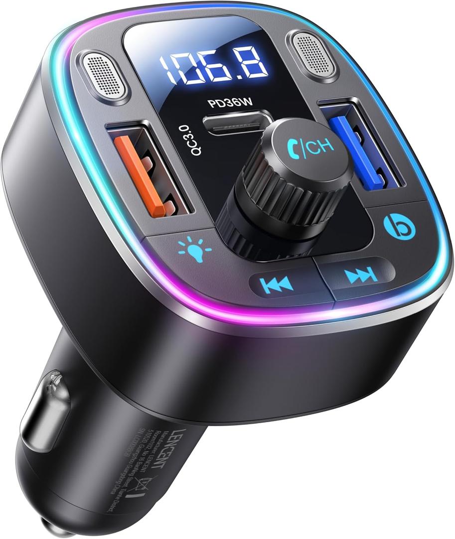 LENCENT Bluetooth 5.4 Car Adapter FM Transmitter 54W Fast Charging, Dual Mics, HiFi Bass Sound, 2 Modes LED Backlit, Cigarette Lighter Adapter Hands-Free Calling Radio, Support USB Drive
