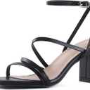 LACUONE Strappy Heels for women Block Heels Square Toe Chunky Ankle Buckle Pump Heeled Sandals (7.5, Black)