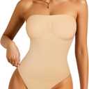 Irisnaya Strapless Shapewear Bodysuit for Women - Thong Bodysuit Tummy Control Tube Top Body Suits with Removable Strap (Medium, Light Beige)