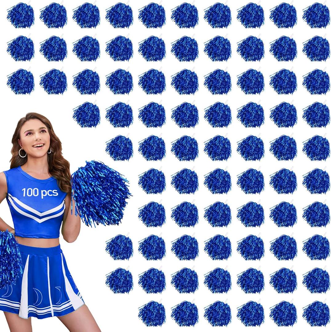 100pcs Blue Metallic Cheerleader Pom Poms with Baton Handle for Kids Adults Cheering Spirit Sports Party Dance Sportsteam
