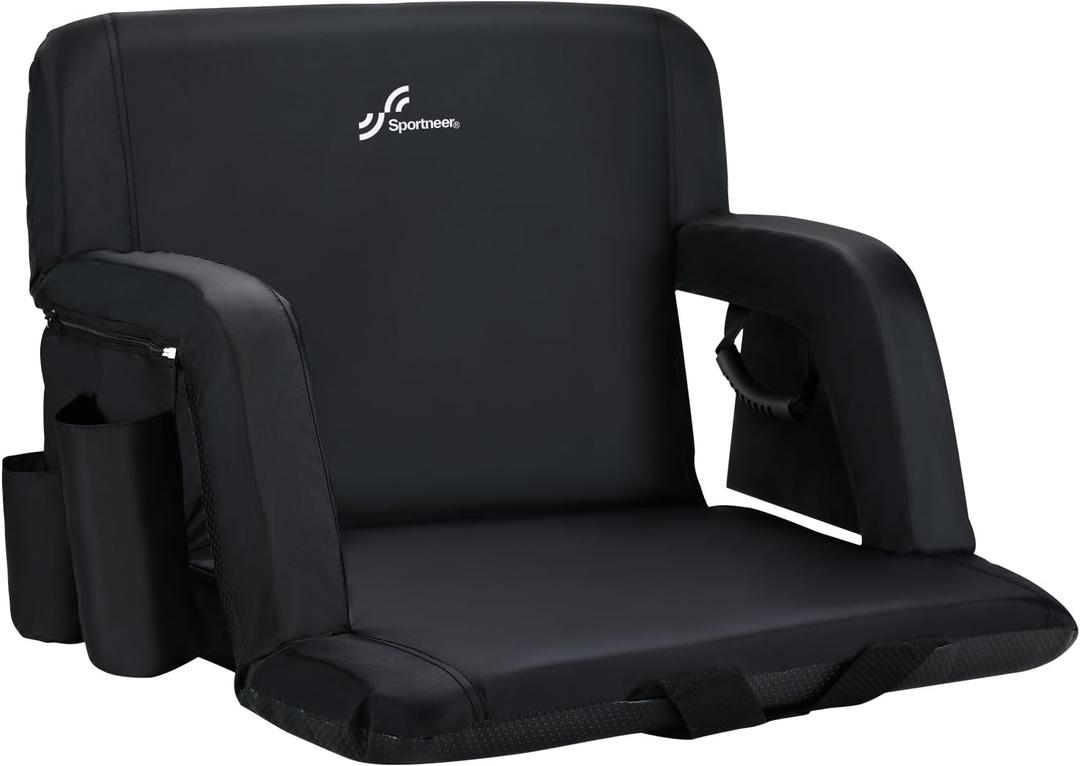 Sportneer Stadium Seat for Bleachers with Back Support, Bleacher Seat with Backrest and Wide Padded Cushion Stadium Chair with Armrests 6 Reclining Positions for Sport Events Camping Parks Concerts (Extra Wide - 24", Black)
