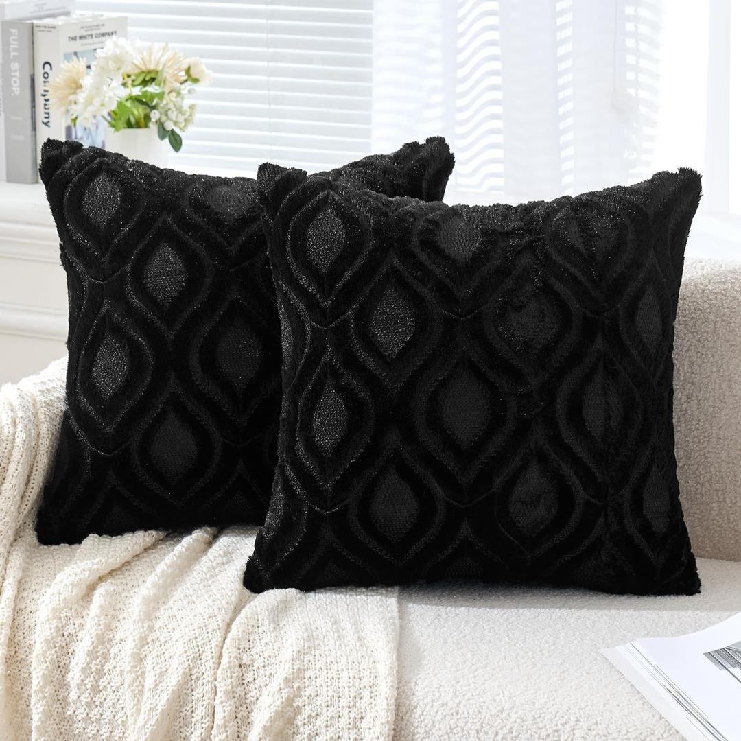 MIULEE Black Throw Pillow Covers 18x18 Inch, Soft Winter Plush Faux Wool Couch Pillow Covers Set of 2 Decorative Farmhouse Boho Throw Pillows for Sofa Living Room Bed